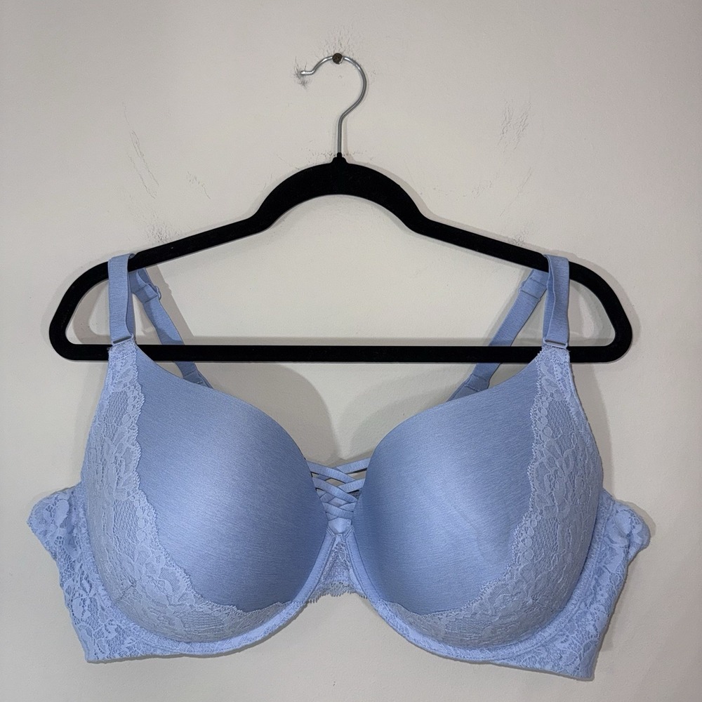 Torrid 44DD XO Push Up Plunge Bra Blue Lace Lattice Detail Slimming